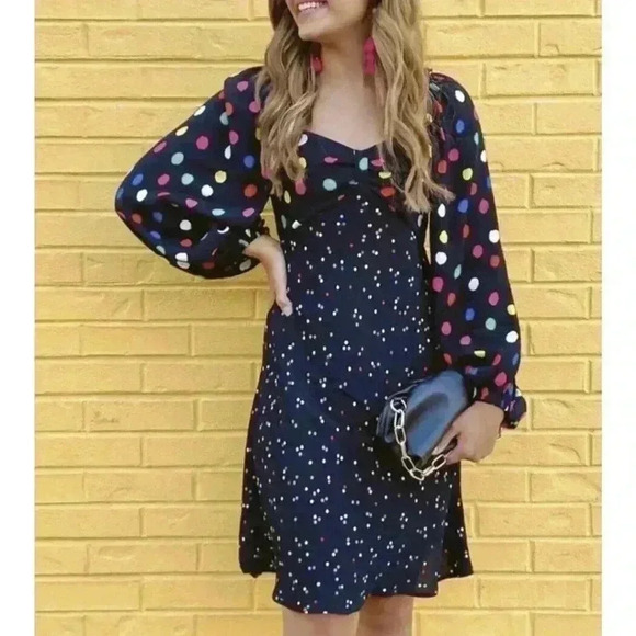 RIXO Polka Dot Long Sleeve Puff Swing Dress 2 Wedding Guest Rainbow Sweetheart - Picture 1 of 8